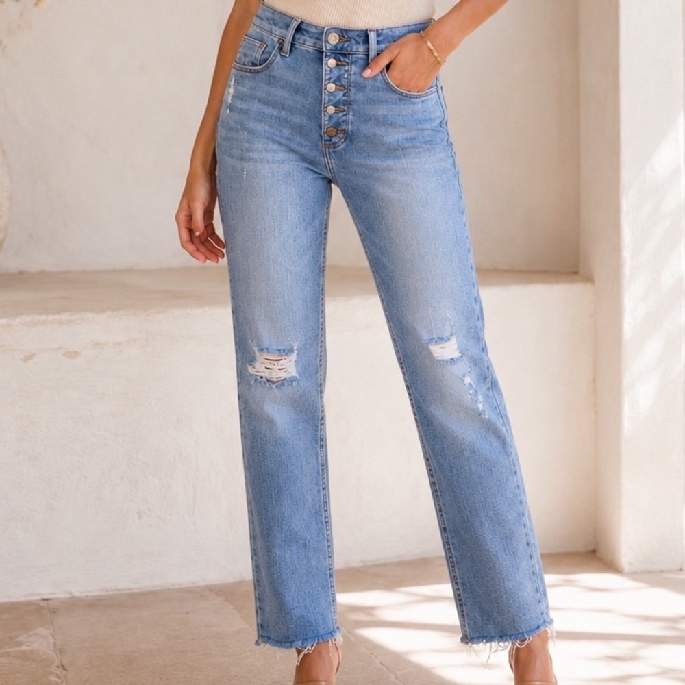 Whetherly Pierce High Rise Straight Leg Distressed Jeans Blue 28 6 Button Fly A3